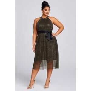 NWT Estelle Gloria Metallic Plissé Halter Midi Dress (Plus) 3X, BLACK/ GOLD